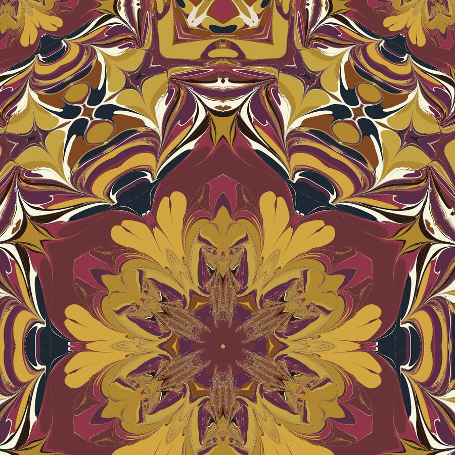 Gold and claret marbling under eightfold symmetry, made in Ebru