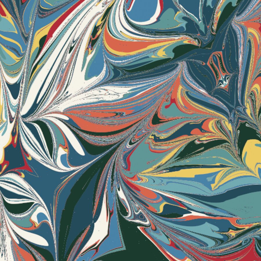 Combed teal and coral marbling, made in Ebru